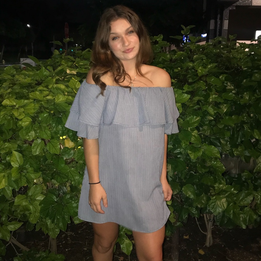 Stripped off the shoulder mini dress